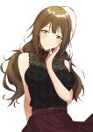  1girl ahoge bangs belt breasts brown_eyes brown_hair eyebrows_visible_through_hair highres idolmaster idolmaster_shiny_colors kuwayama_chiyuki large_breasts long_hair looking_at_viewer mmmkawaine patterned_clothing see-through skirt 