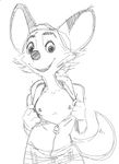  akunim anthro black_and_white canine clothing darma female flashing flat_chested fox hoodie mammal monochrome nipples open_mouth rock_dog smile solo 