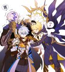  ... 3boys antenna_hair arm_up armor artist_name asymmetrical_wings belt black_belt black_boots black_cape black_choker black_gloves black_pants black_shirt blonde_hair blue_cape blue_eyes blush bodysuit boots brown_belt cape chest_belt choker closed_eyes closed_mouth coat cookie covering_own_mouth cowboy_shot cracked_skin crossed_bangs eating feet_out_of_frame fingerless_gloves flying_sweatdrops food gauntlets gloves grabbing_another's_hair grey_hair hair_between_eyes halo halo_behind_head hand_up hands_up highres holding holding_another's_hair holding_food honkai:_star_rail honkai_(series) hood hooded_cape laughing long_sleeves looking_at_food male_focus multiple_boys multiple_persona musical_note neck_tattoo open_mouth pale_skin pants pauldrons phainon_(flame_reaver)_(honkai:_star_rail) phainon_(honkai:_star_rail) phainon_(khaslana)_(honkai:_star_rail) purple_bodysuit sakae_0_0 shirt short_hair shoulder_armor simple_background single_gauntlet single_glove single_pauldron smile speech_bubble spoken_ellipsis spoken_musical_note standing sun_symbol sun_tattoo tattoo thigh_strap thumbs_up v-shaped_eyebrows waist_cape white_background white_coat white_hair wings yellow_halo 
