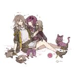  2girls aged_down animalization black_boots black_jacket black_skirt book book_on_lap boots bow bowtie cake_cat_(honkai:_star_rail) cat character_doll closed_eyes commentary_request doll eyewear_on_head full_body grey_hair hand_puppet high_heel_boots high_heels highres honkai:_star_rail honkai_(series) jacket kafka_(honkai:_star_rail) kafka_(little_cat)_(honkai:_star_rail) kafka_(shader_cat)_(honkai:_star_rail) long_hair looking_at_another multiple_girls official_alternate_costume open_book open_mouth person_and_animalization puppet purple_bow purple_bowtie purple_eyes purple_hair rizu033 shirt simple_background sitting skirt stelle_(honkai:_star_rail) sunglasses thigh_strap trailblazer_(honkai:_star_rail) white_background white_shirt yarn yarn_ball 