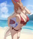  1girl absurdres animal_ears ball beach beachball bikini blue_archive breasts cleavage collarbone commentary_request crossed_bangs fox_ears fox_girl front-tie_bikini_top front-tie_top gong_e halo highres holding holding_ball holding_beachball large_breasts long_hair looking_at_viewer official_alternate_costume outdoors purple_eyes red_bikini red_halo rumi_(blue_archive) rumi_(swimsuit)_(blue_archive) smile solo swimsuit 