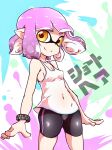  1girl black_shorts bracelet breasts closed_mouth commentary_request cowboy_shot highres inkling inkling_girl inkling_player_character jewelry mochi_hanpen pointy_ears purple_hair short_hair shorts small_breasts smile solo splatoon_(series) tank_top tentacle_hair white_tank_top yellow_eyes 