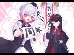  2girls :d armband belt beret black_capelet black_choker black_coat black_hair black_hat black_shirt black_skirt capelet center_frills choker closed_eyes closed_mouth coat collared_coat collared_shirt commentary crown fang flower flower-trimmed_sleeves frills gloves gradient_hair hair_flower hair_ornament happy_anniversary hat hat_flower hat_ribbon layered_skirt long_hair long_skirt long_sleeves looking_at_viewer mahou_shoujo_no_majo_saiban mini_crown multicolored_hair multiple_girls neck_ribbon necktie nikaido_hiro o-ring o-ring_thigh_strap open_mouth outline overskirt pink_eyes pink_hair pleated_skirt pointing red_armband red_flower red_necktie red_skirt ribbon sakuraba_ema shirt short_hair side_capelet skirt sleeveless sleeveless_coat smile sparkle thigh_strap un_(prmc_aaa) untranslatable_commentary upper_body white_flower white_gloves white_hair white_ribbon white_shirt white_sleeves x_hair_ornament 
