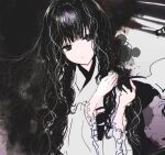  1girl atsuchi black_eyes black_hair black_sash blunt_bangs closed_mouth curly_hair expressionless frilled_sleeves frills frown hands_up head_tilt japanese_clothes kimono long_hair long_sleeves looking_to_the_side loose_hair_strand obi original paint_splatter sash sideways_glance solo upper_body white_kimono wide_sleeves 