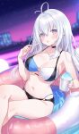  1girl absurdres antenna_hair bare_arms bare_shoulders bikini black_bikini black_choker blue_bikini blue_eyes blurry blurry_background breasts choker cleavage collarbone commentary commission crossed_legs cup depth_of_field dutch_angle ear_piercing food gradient_eyes hair_between_eyes hand_up highres hiraga_matsuri holding holding_cup holding_spoon innertube large_breasts layered_bikini long_hair looking_at_viewer multi-strapped_bikini_bottom multicolored_bikini multicolored_eyes navel o-ring o-ring_bikini o-ring_top original piercing pink_eyes pool shaved_ice skeb_commission solo spoon stomach string_bikini swim_ring swimsuit thighs tongue tongue_out two-tone_bikini wet white_bikini white_hair 