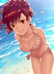  1girl arms_behind_back beach bikini blue_sky breaking_wave breasts cleavage cloud collarbone commentary_request commission dutch_angle front-tie_bikini_top front-tie_top fumato hair_ornament hairclip highres horizon leaning_forward medium_breasts multiple_hairclips navel ocean outdoors persona persona_3 persona_3_portable red_eyes red_hair shiomi_kotone short_hair side-tie_bikini_bottom sky smile solo swimsuit thigh_gap thighs water_drop x_hair_ornament 