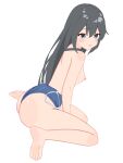 1girl ass barefoot black_hair blue_eyes blue_one-piece_swimsuit blush breasts clothes_pull commentary_request feet from_side full_body hair_between_eyes highres long_hair looking_at_viewer miizu8013 nipples one-piece_swimsuit one-piece_swimsuit_pull paid_reward_available pout school_swimsuit simple_background sitting small_breasts soles solo swimsuit toes wariza white_background yahari_ore_no_seishun_lovecome_wa_machigatteiru. yukinoshita_yukino 