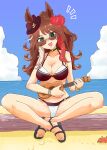  animal_ears ashitaba_tomorou bare_legs bare_shoulders beach bikini blue_sky braid breasts brown_hair choker cloud day ears_through_headwear fedora flower forever_young_(umamusume) green_choker green_eyes hair_flower hair_ornament hat holding holding_instrument holding_ukulele horse_ears horse_girl instrument long_hair multicolored_hair ocean open_mouth outdoors playing_instrument red-tinted_eyewear sandals sitting_on_log sky streaked_hair sunglasses swimsuit tinted_eyewear ukulele umamusume 