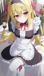  1girl @_@ absurdres aco_(aco_7313) alcohol alternate_costume arms_behind_back black_choker black_dress black_hairband blonde_hair blush bow bowtie breasts center_frills choker closed_mouth commentary crossed_legs cup dress drinking_glass embarrassed enmaided eyes_visible_through_hair feet_out_of_frame flower frilled_choker frilled_dress frilled_hairband frilled_sleeves frills hair_between_eyes hair_ribbon hair_spread_out hairband highres indoors konjiki_no_yami long_hair maid medium_breasts on_table puffy_short_sleeves puffy_sleeves red_bow red_bowtie red_eyes red_flower red_ribbon ribbon short_dress short_sleeves sidelighting sidelocks sitting solo table thighhighs to_love-ru tsurime tulip two_side_up v-shaped_eyebrows very_long_hair wavy_mouth white_thighhighs wine wine_glass zettai_ryouiki 