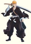  1boy absurdres belt black_hakama black_socks bleach bleach_(live_action) brown_belt brown_eyes commentary english_commentary flip-flops full_body hakama highres holding holding_sword holding_weapon japanese_clothes kurosaki_ichigo male_focus orange_hair over_shoulder sandals shihakusho socks solo sonzhondaya sword weapon weapon_over_shoulder 