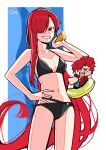  1boy 1girl artist_name bikini black_bikini blue_shorts breasts chibi chibi_inset cleavage collarbone commentary_request cowboy_shot eyelashes fate/grand_order fate_(series) glint goma1021 hair_over_one_eye hand_on_own_hip highres holding long_hair mori_nagayoshi_(fate) navel oda_nobunaga_(fate) oda_nobunaga_(maou_avenger)_(fate) open_mouth red_eyes red_hair red_shirt ringed_eyes sharp_teeth shirt short_hair shorts side-tie_bikini_bottom signature single_hair_intake smile standing stomach swim_ring swimsuit teeth upper_teeth_only very_long_hair yellow_eyes 