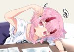  1girl arm_on_table arm_rest armpit_peek blunt_ends blush broken_horn camisole chair clothes_writing collarbone colored_eyelashes commentary desk gradient_hair grey_background head_tilt highres holding holding_pen horns indie_virtual_youtuber kanehira_ame long_sidelocks looking_at_viewer multicolored_hair notebook on_chair oni open_mouth oversized_clothes oversized_shirt paper pen pink_eyes pink_hair purple_camisole red_horns shirt short_hair sidelocks simple_background sitting solo squiggle totomono upper_body virtual_youtuber white_shirt 