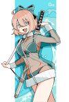  1girl ahoge artist_name bikini bikini_under_clothes blue_bikini blue_bow blush bow breasts brown_hair cleavage commentary_request drop_shadow fate/grand_order fate_(series) front-tie_bikini_top front-tie_top goma1021 grey_eyes hair_between_eyes hair_bow highres holding holding_strap holding_sword holding_weapon long_sleeves okita_j._souji_(fate) okita_souji_(fate) open_mouth see-through_clothes sheath sheathed short_hair smile solo swimsuit sword water waves weapon zipper 