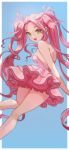  1girl absurdres aereio alien_stage backless_dress backless_outfit blue_background border bow breasts commentary dress english_commentary from_behind hair_bow highres layered_dress long_hair mizi_(alien_stage) mizi_(zombie_stage) multiple_hair_bows open_mouth outside_border pink_bow pink_dress pink_hair smile solo strapless strapless_dress twintails very_long_hair white_border yellow_eyes zombie_stage 