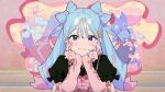  1girl :3 arm_warmers balloon_animal ben-day_dots black_shirt blue_hair blush bow-shaped_hair box brown_eyes closed_mouth colored_inner_hair commentary_request dollar_sign dot_nose dress dummy_romance_(vocaloid) fingernails gem gift gift_bag gift_box hair_ornament hands_on_own_face hands_up hassan_(sink916) hatsune_miku head_on_hands head_rest heart heart_necklace jewelry long_hair looking_at_viewer multicolored_hair nail_polish necklace partial_commentary pink_arm_warmers pink_dress pink_gem pink_hair pink_nails ringlets screentones shirt short_sleeves smile solo straight-on stuffed_animal stuffed_toy twintails upper_body vocaloid wispy_bangs 