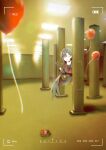  1girl absurdres armband backrooms_(creepypasta) balloon black_choker black_gloves black_hair black_serafuku black_skirt black_wings blue_archive breasts check_copyright choker closed_mouth copyright_request feathered_wings gloves grin hair_ornament hairclip hand_wave highres himmel_gewalt ichika_(blue_archive) indoors large_breasts long_hair neckerchief pillar red_armband red_neckerchief school_uniform serafuku skirt smile solo standing unworn_armband wide_shot wings 