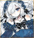  1girl bare_shoulders black_ribbon blue_dress blue_hairband bow closed_mouth crescent crescent_necklace dress dress_bow frilled_dress frilled_hairband frilled_sleeves frills gold_border gothic_lolita hair_over_one_eye hair_ribbon hairband jewelry lolita_fashion lolita_hairband long_hair long_sleeves lying mahou_shoujo_no_majo_saiban natsume_an-an necklace noa_rei off-shoulder_dress off_shoulder one_eye_covered polka_dot polka_dot_bow purple_eyes ribbon shikishi sleeves_past_fingers sleeves_past_wrists solo traditional_media upper_body white_hair wide_sleeves 