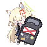  1girl aiming aiming_at_viewer anger_vein angry animal_ear_fluff animal_ears ballistic_shield beiyong_fadian_ji bilingual_commentary black_gloves black_sailor_collar black_shirt black_socks blank_eyes blonde_hair blue_archive blush chibi chibi_only chinese_commentary commentary_request dual_wielding fox_ears fox_girl full_body gloves green_halo gun h&amp;k_ump hair_between_eyes halo highres holding holding_gun holding_shield holding_weapon kurumi_(blue_archive) long_hair long_sleeves miniskirt mixed-language_commentary open_mouth partial_commentary pleated_skirt sailor_collar school_uniform serafuku shield shirt sidelocks simple_background skirt socks solo standing straight_hair submachine_gun transparent_background tsurime two_side_up v-shaped_eyebrows very_long_hair weapon white_shirt 