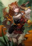  1girl animal_ear_fluff animal_ears arms_up balloon_(tate_no_yuusha_no_nariagari) belt black_dress blurry boots breasts brown_belt brown_boots brown_gloves brown_hair cglas closed_mouth commentary cowboy_shot curvy depth_of_field dress elbow_gloves english_commentary fighting gloves hair_tubes highres holding holding_sword holding_weapon layered_dress leather leather_gloves long_hair long_sleeves medium_breasts metal_arm_cuffs metal_hair_tubes metal_wrist_cuffs outdoors pinstripe_dress pinstripe_pattern popped_balloon raccoon_ears raccoon_girl raccoon_tail raphtalia red_dress red_eyes red_lips scabbard sheath short_dress sleeveless sleeveless_dress smile solo standing sword tail tanuki tate_no_yuusha_no_nariagari thick_thighs thigh_boots thighs two-tone_dress unfinished unsheathed weapon white_dress wide_hips zettai_ryouiki 