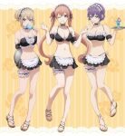  3girls amano_erika apron bikini bikini_skirt black_bikini blonde_hair breasts cleavage cocktail_glass cup detached_collar double_finger_heart drinking_glass finger_heart food frilled_thigh_strap full_body green_eyes holding holding_food holding_plate holding_popsicle kakkou_no_iinazuke long_hair maid maid_apron maid_bikini maid_headdress medium_breasts medium_hair microskirt midriff multiple_girls navel official_art one_eye_closed pink_hair plate pleated_skirt ponytail popsicle promotional_art purple_eyes purple_hair sandals segawa_hiro short_hair short_ponytail skirt smile stomach swimsuit thigh_strap umino_sachi_(kakkou_no_iinazuke) unconventional_maid very_long_hair white_apron yellow_background 