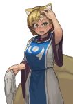  1girl absurdres animal_ear_fluff animal_ears animal_hat arm_up blonde_hair blue_tabard breasts chanta_(ayatakaoisii) crescent_print dress extra_ears feet_out_of_frame fox_ears fox_girl fox_tail gem hand_in_own_hair hat highres holding holding_unworn_clothes holding_unworn_hat hot kitsune kyuubi large_breasts long_sleeves looking_at_viewer lower_teeth_only mob_cap multiple_tails open_mouth red_gem short_hair simple_background slit_pupils solo standing sweat tabard tail teeth touhou unworn_hat unworn_headwear white_background white_dress white_trim yakumo_ran yellow_eyes 