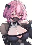 1girl black_bow black_dress black_shrug bow breasts chest_belt cleavage dress hair_bow hair_intakes hair_ornament hand_up highres large_breasts looking_at_viewer mask medium_hair monicorev mouth_mask official_alternate_costume pink_hair purple_eyes remielle_dan remielle_dan_(moonlight_whispers) see-through_clothes see-through_mask shrug_(clothing) simple_background smile solo star_(symbol) star_hair_ornament teeth upper_teeth_only white_background zenless_zone_zero 