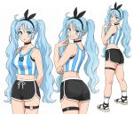  1girl 2026_fifa_world_cup argentina argentinian_miku arms_behind_back ass black_choker black_hairband blue_eyes blue_hair blue_nails breasts choker cleavage collarbone crop_top facial_mark full_body grin hairband hatsune_miku hatsune_miku_world_cup_custody_battle_(meme) heart heart_o-ring highres long_hair looking_at_viewer looking_back medium_breasts meme midriff multiple_views o-ring open_mouth sandals shiren_(ourboy83) shirt shorts smile socks striped_clothes striped_shirt thigh_strap twintails vocaloid white_background white_socks world_cup 