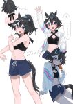  1girl animal_ears bare_shoulders bikini black_bikini black_hair blue_eyes blue_shorts blush breasts commentary_request food hair_between_eyes hair_ornament hair_scrunchie highres holding holding_food holding_popsicle horse_ears horse_girl horse_tail jacket katsuragi_ace_(umamusume) long_sleeves looking_at_viewer midriff multicolored_hair navel open_clothes open_jacket open_mouth otousan_j6 ponytail popsicle scrunchie shorts smile speech_bubble streaked_hair stretching swimsuit tail umamusume white_hair white_jacket 