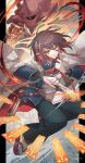  1girl absurdres bandages brown_hair burning commentary_request fire geta hair_ornament hakama hakama_skirt highres holding holding_ofuda japanese_clothes kimono looking_at_viewer multicolored_hair ofuda orange_eyes pink_hair puzzle_&amp;_dragons rakulog red_bandages seina_(p&amp;d) short_hair skirt solo streaked_hair two-tone_hair unwrapping 