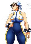  1girl absurdres artist_name breasts brown_hair chun-li closed_mouth commentary double_bun earrings hair_bun hand_on_own_hip highres jewelry muscular muscular_arms muscular_female spiked_wristband street_fighter thatdudesaur thick_thighs thighs twitter_username 