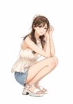  1girl bare_arms bare_legs blue_shorts bracelet brown_eyes brown_hair buckle cutoffs elbows_on_knees feet from_side full_body grin hair_ornament hair_scrunchie half_updo hands_up highres janarp4 jewelry looking_at_viewer looking_to_the_side nose original pink_lips sandals scrunchie shirt short_shorts shorts simple_background sleeveless sleeveless_shirt smile solo squatting toenails toes torn_clothes torn_shorts turning_head white_background white_sandals white_scrunchie white_shirt 