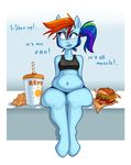  anthro anthrofied belly big_belly blue_skin burger clothed clothing cuprumrus equine female food friendship_is_magic hair hooves horse mammal multicolored_hair my_little_pony navel partially_clothed rainbow_dash_(mlp) rainbow_hair red_eyes simple_background skimpy slightly_chubby solo thick_thighs weight_gain wide_hips 