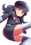  1girl absurdres belt black_dress black_hair black_hat breasts brown_eyes clenched_hand commentary_request commission dress earrings gloves grey_belt grey_gloves grey_thighhighs grin hat highres jewelry kris_(pokemon) large_variant_set long_hair looking_at_viewer maho_(corotonton5150) panties pixiv_commission pokemon pokemon_adventures shiny_skin simple_background small_breasts smile solo star_(symbol) star_earrings team_rocket team_rocket_uniform teeth thighhighs thighs underwear variant_set white_background white_panties 