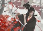  2boys arrow_(projectile) autumn_leaves bichen_sword black_hair black_hanfu blood blood_on_weapon branch chenqing_flute chinese_clothes closed_eyes closed_mouth commentary dizi english_commentary fighting_stance flute flute_tassel glassbearer grandmaster_of_demonic_cultivation hair_down hair_ribbon half_updo hanfu headband highres holding holding_flute holding_instrument holding_sword holding_weapon instrument jian_(weapon) lan_wangji leaf long_hair long_sleeves looking_at_another male_focus maple_leaf multiple_boys official_alternate_hairstyle outdoors people playing_flute playing_instrument profile protecting red_ribbon ribbon robe sword tassel topknot transverse_flute tree upper_body weapon wei_wuxian wei_wuxian_(yiling_laozu) white_hanfu white_headband wide_sleeves xiao_guan_(headdress) yellow_eyes 