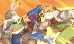  4boys animal_ears arm_behind_back beak bird_boy blue_feathers brown_fur closed_mouth falco_lombardi feathers fox_boy fox_ears fox_mccloud fox_tail frog_boy from_behind furry furry_male hanaon highres index_finger_raised looking_at_viewer looking_back male_focus multiple_boys open_mouth peppy_hare rabbit_boy rabbit_ears running salute slippy_toad smile star_fox star_fox_(2026) tail two-finger_salute 