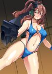  1girl absurdres ass_visible_through_thighs blue_eyes blue_one-piece_swimsuit breasts brown_hair commentary_request commission gun gundam headphones headset high_side_ponytail highres kantai_collection large_breasts neneka_nibrou o-ring o-ring_one-piece_swimsuit one-piece_swimsuit pixiv_commission ponytail saratoga_(kancolle) side_ponytail smokestack_hair_ornament solo swimsuit tirasi_(so) victory_gundam weapon 