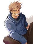  1boy adxrn beard_stubble black_pants black_shirt blue_hoodie brown_hair commentary drawstring eddsworld english_commentary facial_hair grin hair_behind_ear highres hollow_eyes hood hood_down hoodie long_sleeves male_focus pants shirt short_hair sideburns simple_background sitting smile solo spiked_hair stubble tom_(eddsworld) white_background 
