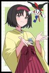  1girl absurdres black_border black_hair blush border breasts closed_mouth erika_(pokemon) floette floette_(eternal) flower grey_eyes hairband hakama hakama_skirt highres holding holding_flower japanese_clothes kimono long_sleeves odorukaminoke open_mouth pokemon pokemon_(creature) pokemon_firered_and_leafgreen red_hairband red_hakama short_hair skirt smile yellow_kimono 