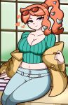  1girl aqua_eyes aqua_shirt black-framed_eyewear breasts brown_coat coat coat_partially_removed collarbone denim eyewear_on_head hair_ornament half-closed_eyes heart heart_hair_ornament highres jeans midriff monolith_tk orange-tinted_eyewear orange_hair pants pokemon pokemon_sword_and_shield ribbed_shirt shirt side_ponytail side_ponytail_with_hair_base smile solo sonia_(pokemon) sunglasses swept_bangs tinted_eyewear v-neck 