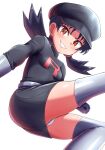  1girl absurdres belt black_dress black_hair black_hat breasts brown_eyes clenched_hand commentary_request commission dress earrings gloves grey_belt grey_gloves grey_thighhighs grin hat highres jewelry kris_(pokemon) large_variant_set long_hair looking_at_viewer maho_(corotonton5150) panties pixiv_commission pokemon pokemon_adventures shiny_skin simple_background small_breasts smile solo star_(symbol) star_earrings team_rocket team_rocket_uniform teeth thighhighs thighs twintails underwear variant_set white_background white_panties 