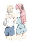  2girls ass bare_shoulders black_ribbon blush closed_eyes commentary_request from_behind grey_hair hair_intakes hair_ribbon highres kamiina_botan kamiina_botan_yoeru_sugata_wa_yuri_no_hana locked_arms long_hair looking_back multiple_girls natume_st pink_hair purple_eyes ribbon shirt short_hair simple_background smile tonami_ibuki two_side_up yuri 