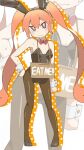  1girl alternate_costume animal_ears artist_name bambi2000line black_leotard black_shoes blush bow bowtie bright_pupils center-flap_bangs closed_mouth commentary_request detached_collar drop_shadow eat_me embarrassed english_text fake_animal_ears fang flat_chest full_body halftone hand_on_own_hip highres invisible_floor leotard long_hair orange_hair pantyhose playboy_bunny rabbit_ears red_bow red_bowtie red_eyes shoes sign slippers solo standing sweat twintails ueno-san_wa_bukiyou ueno_(ueno-san_wa_bukiyou) wavy_mouth wearing_sign white_pupils wrist_cuffs zoom_layer 