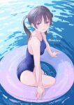  1girl ass bare_arms bare_shoulders black_hair blue_eyes blue_one-piece_swimsuit blush breasts collarbone hondahiro long_hair looking_at_viewer medium_breasts on_innertube one-piece_swimsuit open_mouth original school_swimsuit smile solo swimsuit twintails water 