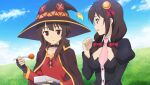  2girls black_choker black_gloves black_shirt blue_sky bow braid breasts brown_cape brown_hair brown_hat cape choker cleavage_cutout clenched_hand closed_mouth clothing_cutout cloud collared_shirt crown_braid dress eye_contact fingerless_gloves food fork game_asset gloves grass hair_bow hand_up hat highres holding holding_fork kono_subarashii_sekai_ni_shukufuku_wo! kono_subarashii_sekai_ni_shukufuku_wo!_kono_yokubukai_game_ni_shinpan_o! large_breasts long_sleeves looking_at_another low_twintails meatball megumin multiple_girls nature necktie official_art on_ground open_mouth outdoors pink_necktie puffy_long_sleeves puffy_sleeves red_bow red_dress red_eyes shirt short_hair_with_long_locks short_necktie sitting sky twintails upper_body variant_set_available witch_hat yunyun_(konosuba) 