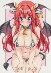  1girl absurdres alternate_costume animal_collar animal_ears animal_print bell bikini black_collar blush breasts cleavage closed_mouth collar collarbone commentary_request cow_ears cow_horns cow_print cow_print_bikini cowboy_shot demon_girl demon_tail demon_wings ear_tag hair_between_eyes head_wings highres horns koakuma large_breasts leaning_forward long_hair looking_at_viewer miyakooo0420 navel neck_bell plump print_bikini red_eyes red_hair red_nails solo stomach sweatdrop swimsuit tail thighs touhou traditional_media very_long_hair wings 