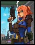  10mm_pistol 1girl ammunition_pouch armor artist_name bandaged_hand bandages belt belt_pouch black_border blue_jumpsuit blurry blurry_background border boston breasts brown_belt building cigarette commentary english_commentary fallout fallout_4 fritzyhoho glasses green_eyes gun hair_ornament hand_up handgun highres holding holding_gun holding_weapon jumpsuit leather_armor looking_at_viewer magazine_(weapon) medium_breasts mouth_hold orange_hair pauldrons pip_boy ponytail pouch shoulder_armor shoulder_spikes skin_tight smoke smoke_trail smoking sole_survivor_(female) solo spikes trigger_discipline upper_body vault_suit weapon 