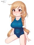  1girl absurdres blue_one-piece_swimsuit blush braid breasts brown_hair cloud_hair_ornament commentary_request dated hair_ornament highres kantai_collection large_breasts long_hair looking_at_viewer low_twin_braids maru_(marg0613) minegumo_(kancolle) old_school_swimsuit one-hour_drawing_challenge one-piece_swimsuit open_mouth oppai_loli red_eyes school_swimsuit sitting solo swimsuit twin_braids twitter_username wariza 
