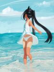  1girl absurdres animal_ears barefoot beach black_hair blue_sky boat cat_ears commentary day dress facing_away highres k-on! long_hair midriff_peek nakano_azusa navel navel_peek ocean outdoors panties pyruvate sailboat sky sleeveless sleeveless_dress solo standing stomach sundress tanlines twintails underwear watercraft white_dress white_panties 