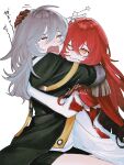  2girls :> absurdres ahoge artist_name asymmetrical_gloves black_jacket black_skirt cape closed_mouth cowboy_shot crying dress elbow_gloves epaulettes from_side gloves grey_hair hair_between_eyes hair_ornament hand_on_another's_back hand_on_another's_head hand_up highres himeko_(honkai:_star_rail) himeko_(nova)_(honkai:_star_rail) honkai:_star_rail honkai_(series) hug ieririr jacket long_hair long_sleeves looking_at_another miniskirt multiple_girls one_eye_closed open_clothes open_jacket open_mouth orange_eyes red_cape red_gloves red_hair sad shirt sidelocks signature simple_background sitting skirt sleeveless sleeveless_dress smile star_(symbol) star_hair_ornament stelle_(honkai:_star_rail) t-shirt tearing_up tongue trailblazer_(honkai:_star_rail) very_long_hair wavy_mouth white_background white_dress white_gloves white_shirt 