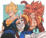  2boys biceps black_nails blonde_hair blue_eyes blue_sash body_fur dougi dragon_ball dragon_ball_gt dragon_ball_z earrings gloves gogeta grin hand_grab highres jewelry long_hair looking_at_another male_focus metamoran_vest monkey_boy monkey_tail multiple_boys muscular muscular_male no_nipples pants parted_lips partially_fingerless_gloves pectorals potara_earrings red_fur red_hair relio_db318 sash simple_background smile spiked_hair star_(symbol) super_saiyan super_saiyan_1 super_saiyan_4 tail twitter_username v vegetto veins veiny_hands watermark white_gloves white_pants 